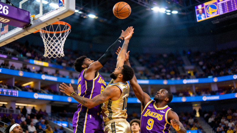 2026年NBA湖人队与勇士队激烈比赛现场照片 - 球员争抢篮板瞬间